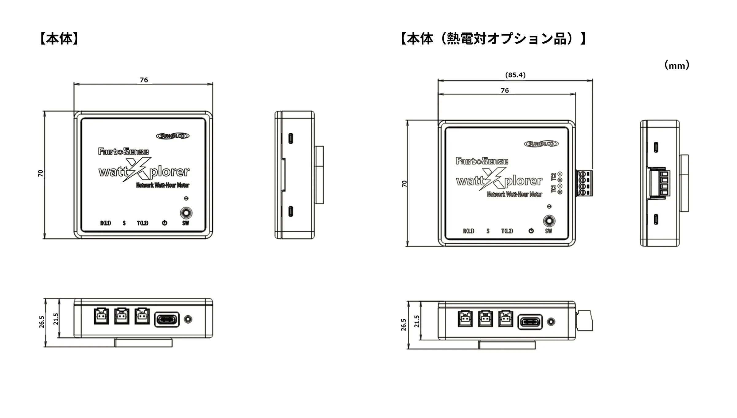 Dimensions of the main unit and thermocouple option