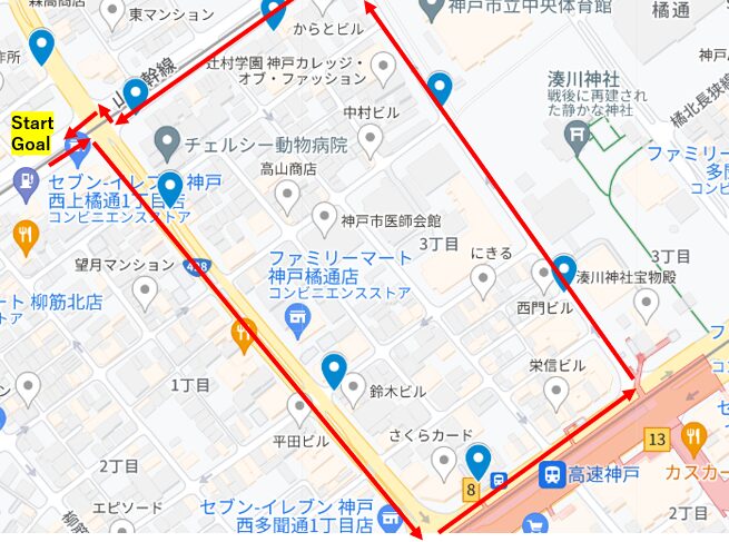 例２）徒歩で、「GNSSトラッカ基板＋SR-ML7456N」を手持ちし、Sigfoxで2分間隔で通信しながら移動